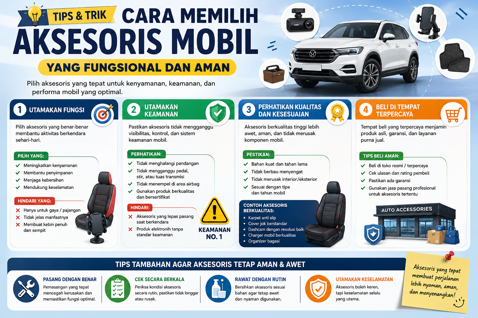 Pelajari cara memilih aksesoris mobil yang fungsional, aman, dan sesuai kebutuhan agar berkendara lebih nyaman tanpa risiko.