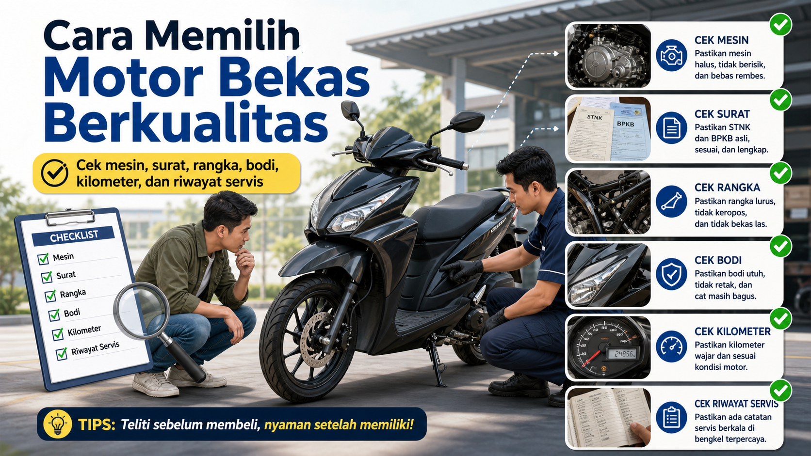 Tips memilih motor bekas berkualitas yang masih terasa seperti baru. Cek mesin, surat, rangka, bodi, kilometer, dan riwayat servis.