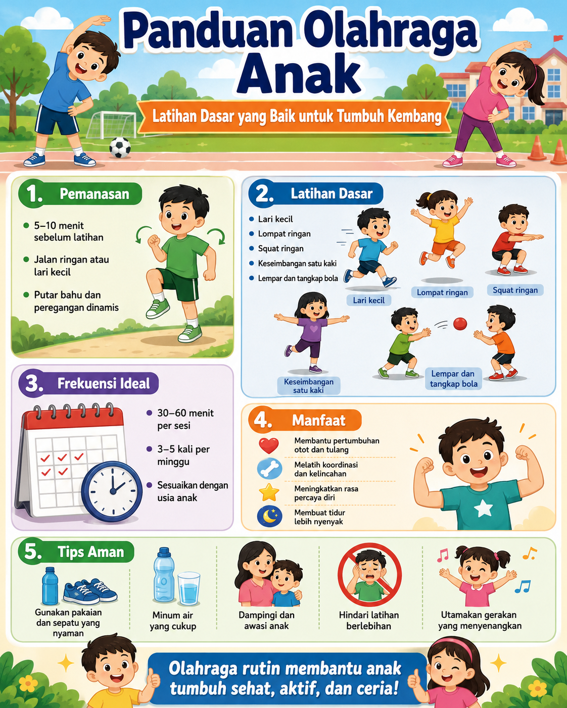 Panduan olahraga anak dengan latihan dasar yang aman untuk mendukung tumbuh kembang, kebugaran, kekuatan tubuh, dan aktivitas harian.