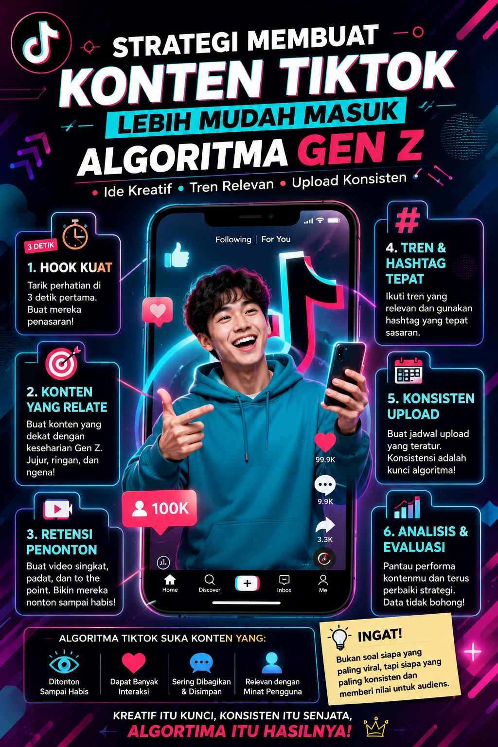 Strategi membuat konten TikTok agar lebih mudah masuk algoritma Gen Z dengan ide kreatif, tren relevan, dan pola upload yang konsisten.